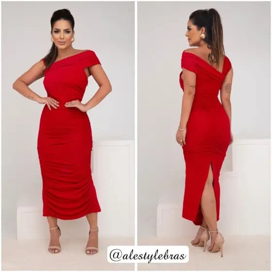 Vestido Midi Detalhe Franzido nas Costas Modelador