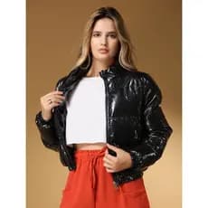 Jaqueta Puffer Preta Inverno Vinil Forrada de ZÍper e bolsos