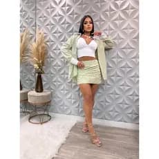 Conjunto Feminino Elegante Brisa de Verão em Cotton Tricoline Camisa de Gola e Punho Saia e Cropped