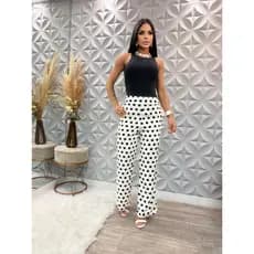 Calça Feminina Reta Branca de Bolinha Poá em Viscolinho