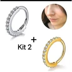 Kit 2 Piercing Argola Nariz Cravejado com Strass 6mm ou 8mm Estiloso delicado Cor Dourado e Prata
