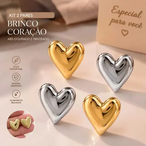 Brinco Coração em ABS Dourado e Prateado