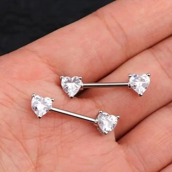 Kit 2 Piercing Aço Inox Mamilo Com Coração Duplo Zircônia Cristal