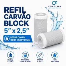 Refil Filtro Carbon Block 5 de Agua Carvão Ativado Purificador Tira Cloro e Odor da Água