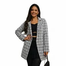 Blazer Feminino Xadrez Oversized Casaco Elegante Social Longo Tweed Inverno