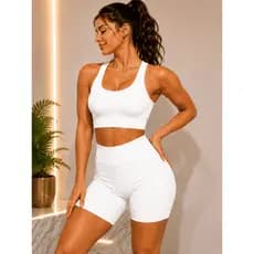 Conjunto Fitness Feminino Short Canelado Top Costas Nadador Academia Treino Yoga