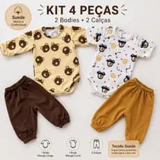 Kit 4 Peças Body Bebê Suede Manga Curta E Longa + Calças Macio Confortável RN ao M