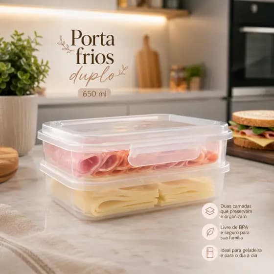 Porta Frios Duplo 650ml Organizador de Queijos Presunto e Frios com Trava para Geladeira BPA Free
