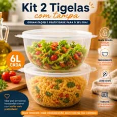 Kit Bowls Saladeira Plástica Grande com Tampa 6 Litros Multiuso Tigela Pote Redondo Transparente
