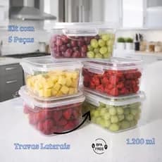 5 Potes Plásticos Com Trava 1.200 litros Hermético Marmita Fitness BPA Free Organizador Alimentos