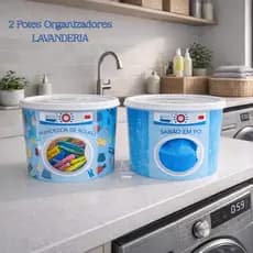 Organizador de Lavanderia Kit 2 Potes Plásticos com Tampa Sabão em Pó e Prendedores de Roupas