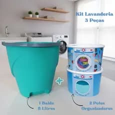 Kit Organizador Lavanderia Balde Plástico 8 L + Pote Porta Sabão em Pó + Porta Prendedor de Roupas