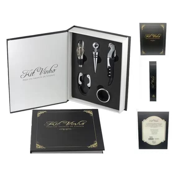 Kit Vinho Completo Livro Abridor Dosador e Saca Rolhas 5 Peças