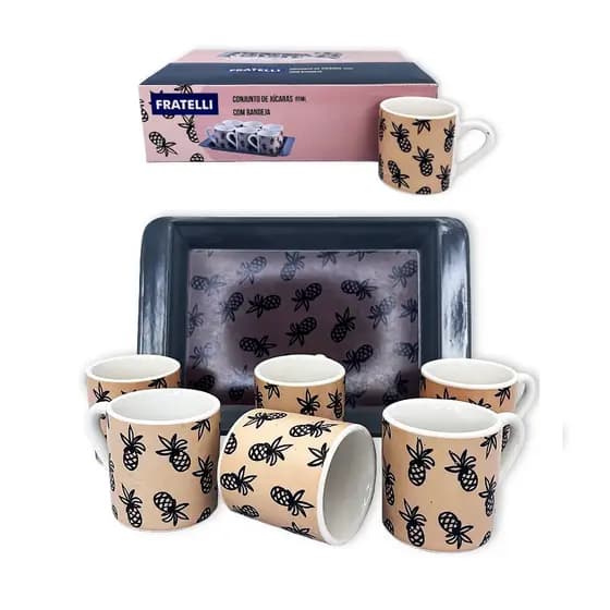 Kit Jogo de Xícaras Café Coffee 6 Peças com Bandeja 85ml