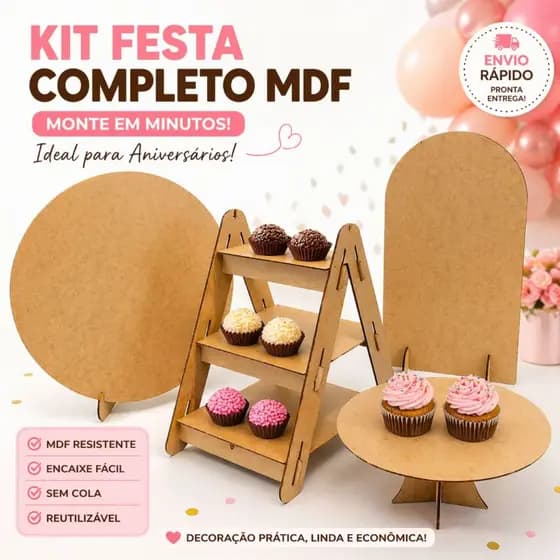 Mini Kit Decoração Festa na Mesa Pegue e Monte 4 Peças MDF Cortado a Laser