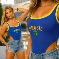 body Brasil Feminino Brasil Suplex Cintura Cavada Decote Quadrado Estampa Brasil