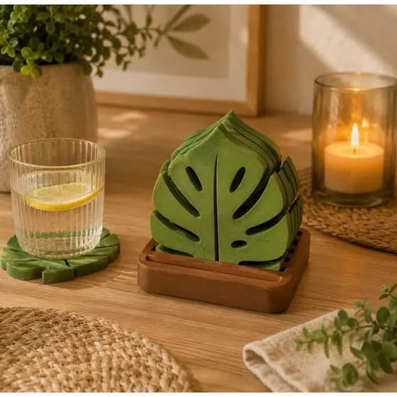 Porta Copos Folha Costela de Adão com Suporte | Kit 6 Peças Decorativo | Organizador de Mesa|decoração cozinha