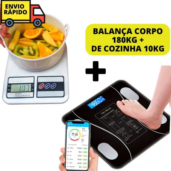 Kit Balança Bluetooth 180 kg + Balança De Cozinha Dieta e Bioimpedância Inteligente Profissional Digital Peso Corporal