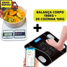 Kit Balança Bluetooth 180 kg + Balança De Cozinha Dieta e Bioimpedância Inteligente Profissional Digital Peso Corporal