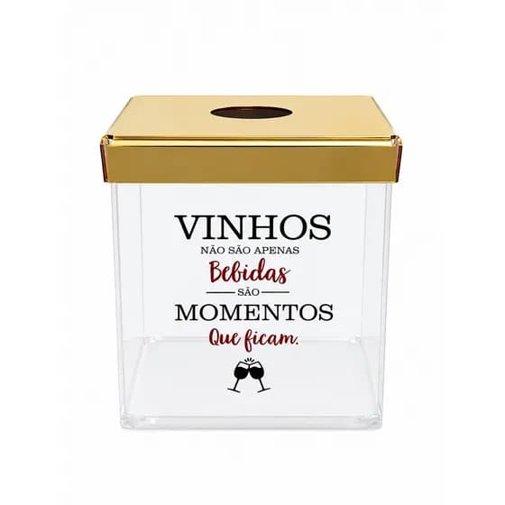 Caixa Porta Rolhas de Vinho em Acrílico com Tampa Dourada