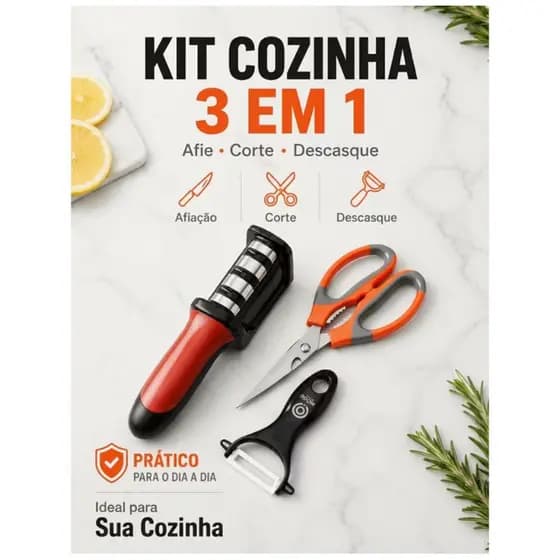 Kit Utensílios Para Cozinha 3 em 1 🍴 Afiador de Facas + Tesoura Multiuso + Descascador Profissional