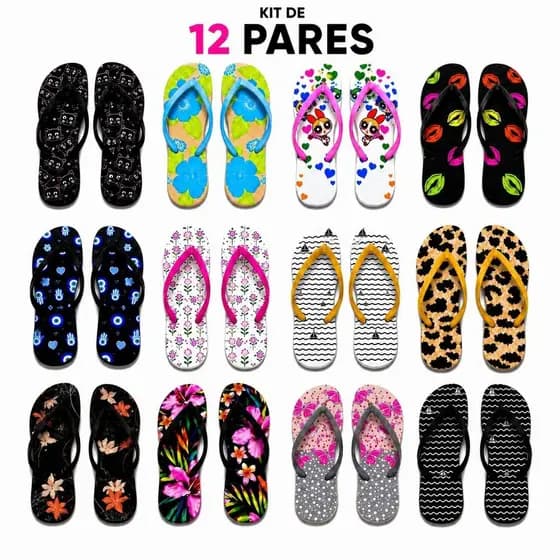 Kit 12 Pares Chinelos Femininos Estampas Variadas