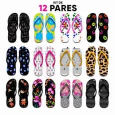 Kit 12 Pares Chinelos Femininos Estampas Variadas