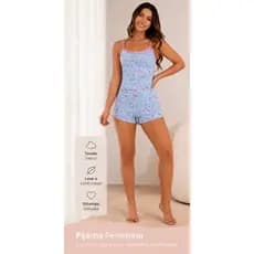 Pijama Feminino Short Doll Alça Fina Estampado Confortável Macio para Dormir e Relaxar