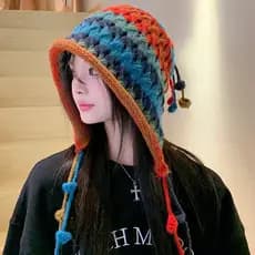 Chapéu De Malha Gradiente De Arco-Íris Fofo Para Mulheres Inverno Quente Proteção De Ouvido Pequeno Display Facial Baoto