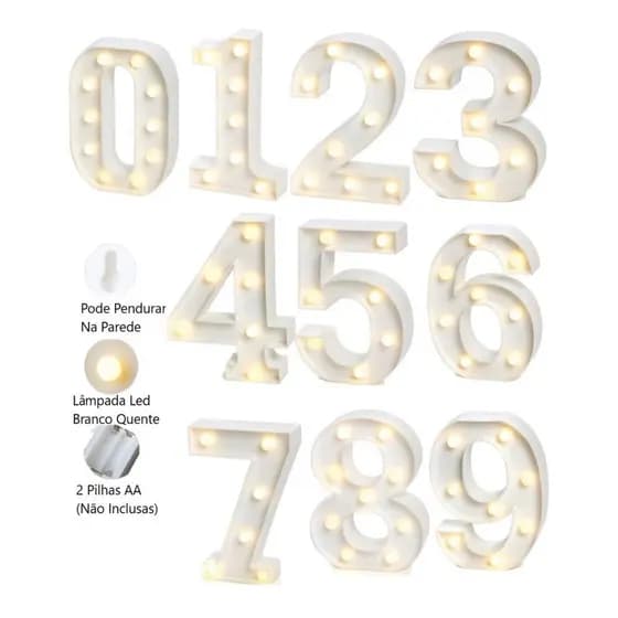 Luminária Número Luz Led Grande 22cm + Pilhas Grátis do 1-0 Decoração 3D Festas Aniversários Casamentos Abajur Luminosos