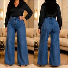 Calça Plus Size Jeans Wide Leg  Cintura Alta Pantalona Calça Tendência de Shopping