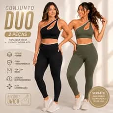 Conjunto Fitness Feminino Top Assimétrico Legging Cintura Alta Zero Transparência Com Bojo