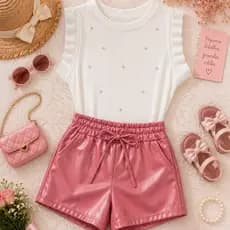 Conjunto Infantil Feminino Luxo Short Cirrê e Blusa Canelada com Pérolas
