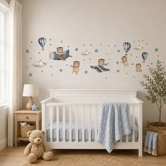 Adesivo De Parede Infantil Ursinho Aviador Balões Urso Nuvem Azul/Verde Quarto Menino Aquarela Decoração