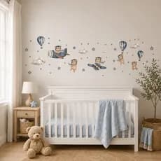 Adesivo De Parede Infantil Ursinho Aviador Balões Urso Nuvem Azul/Verde Quarto Menino Aquarela Decoração