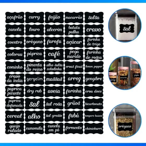 50 Etiquetas Escritas para Potes Temperos Mantimentos - Organizadores de Potes - Adesivos 5x3cm