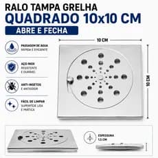 Ralo Tampa Grelha Quadrado 10x10 Inox Abre Fecha Rotativo Banheiro Anti Insetos
