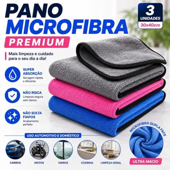 Kit Pano de Microfibra 30x40cm (1, 2 ou 3 Unid) Flanela Automotiva Multiuso Não Risca para Limpeza, Secagem e Polimento