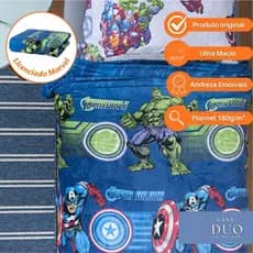 Jogo de Lençol/Manta Flannel/Edredom Solteiro Vingadores/Hullk/Thor/Homem de Ferro Marvel/Original