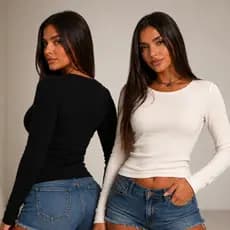 Blusa Feminina Ribana Canelada Manga Longa Básica Gola Redonda