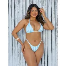 Biquíni Cortininha Fio Dental  Listrado Azul Bebê Bronze Perfeito Verão Praia Feminino