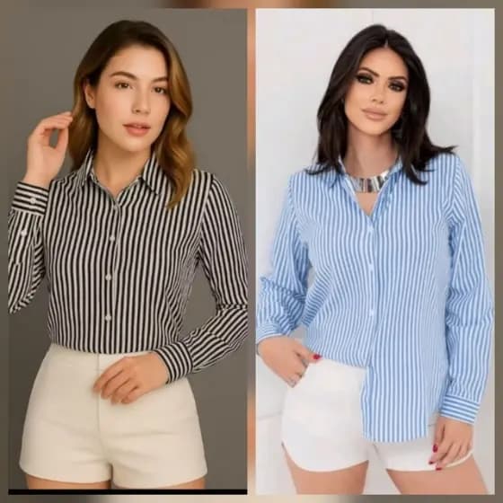 Kit 2 Camisas Femininas Listradas Manga Longa em tecido Crepinho