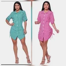 Kit 2 Vestido Feminino Chemise de manga curta en teciddo crepinho listrado Elegante