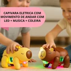 CAPIVARA DE BRINQUEDO INTERATIVA QUE ANDA SOZINHA COM LED, MÚSICA E COLEIRA