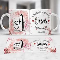 Caneca Personalizada Xícara Floral com Letra Inicial do  Nome Salmo Versículo