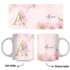 Caneca Xícara Dourado Floral Rosa Inicial com Seu Nome Menina Menino Presente Amiga Mãe Floral 325ml