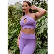 Conjunto Moda Fitness Academia Top Feminino Bojo Alça Cruzada Calça Legging Longa Cintura Alta