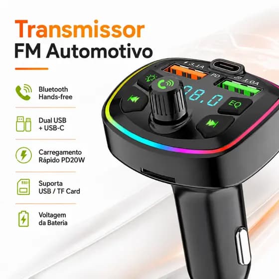 Transmissor FM Bluetooth Carregador Veicular para Carro USB-C  (COM CABO CARREGADOR DE BRINDE GRATIS)