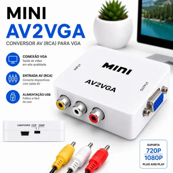 Mini Conversor AV/HDMI Para Saída VGA/AV Full HD 1080P Plug & Play