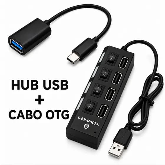 Kit Mobilador Hub USB 4 Portas + Cabo OTG Tipo C Para Mobilador